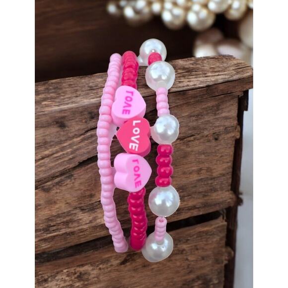 Red Pearl Love Candy Bracelet Set - Set of 3 - Picture 2 of 3